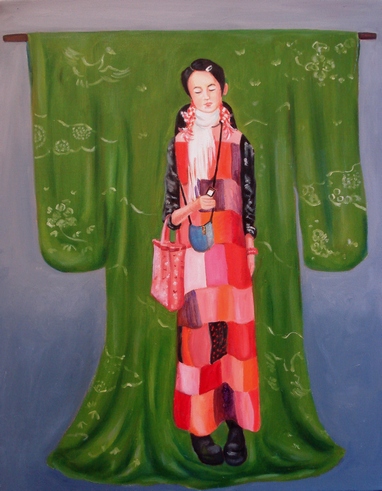 Girl On Green Kimono